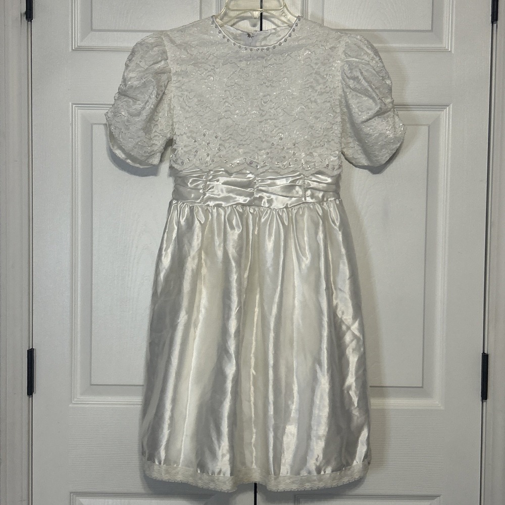Vintage Girl's Size 14 White Satin Lace Beaded Dress Wedding Formal Panchen Kids